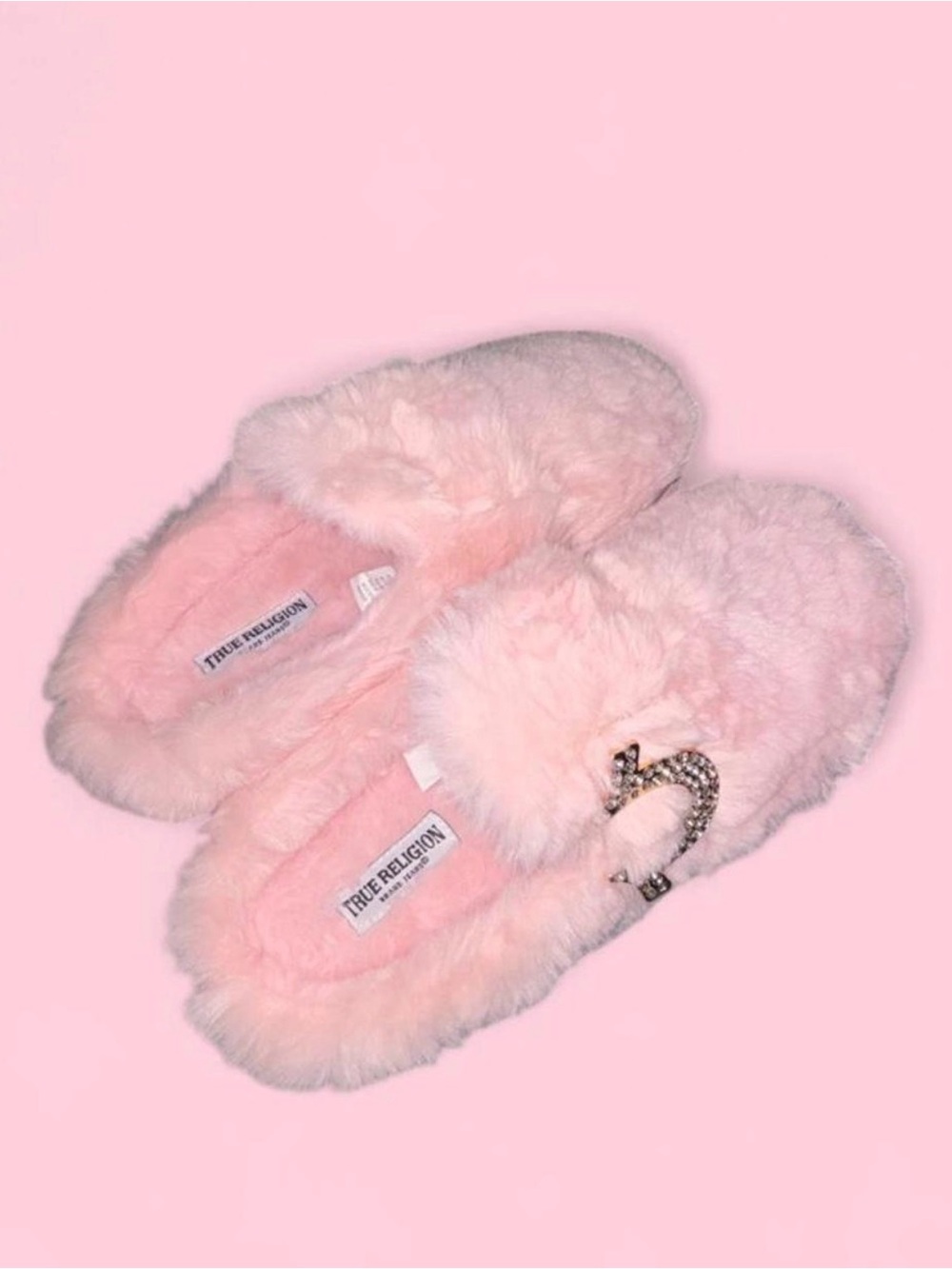 True Religion Plush Pink Slip-On Fuzzy Slippers with Rhinestone Horseshoe